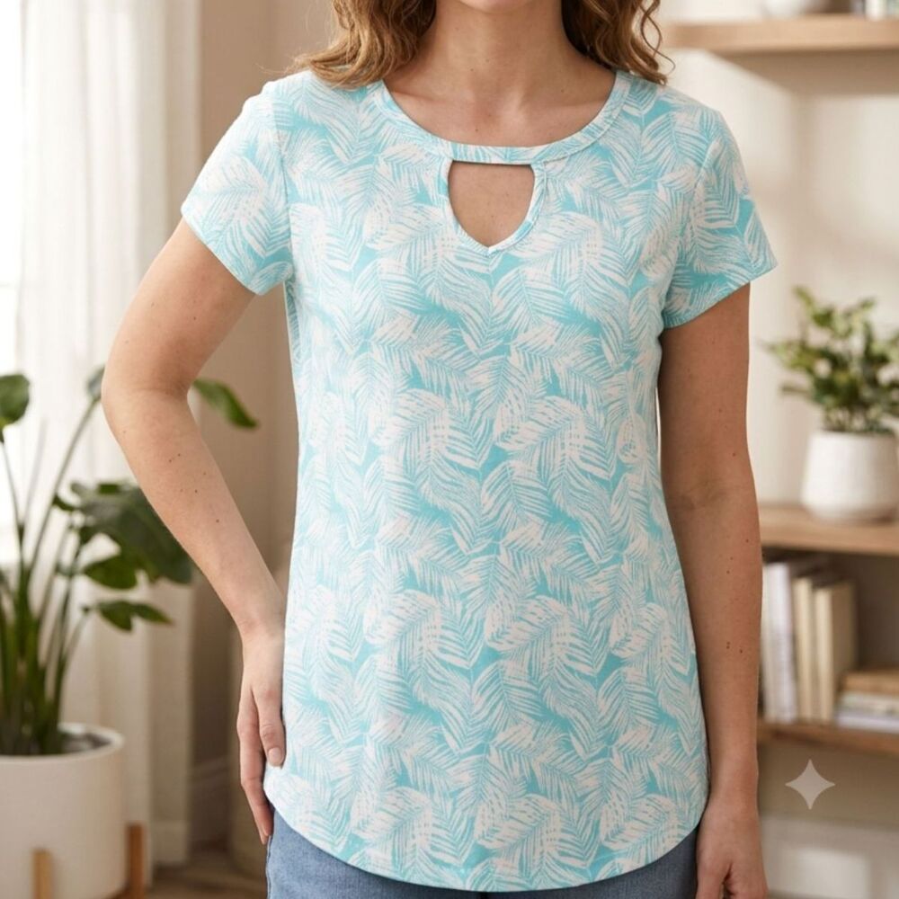 Joe Boxer Blue Tropical Print Keyhole Blouse Tunic Top Shirt Medium